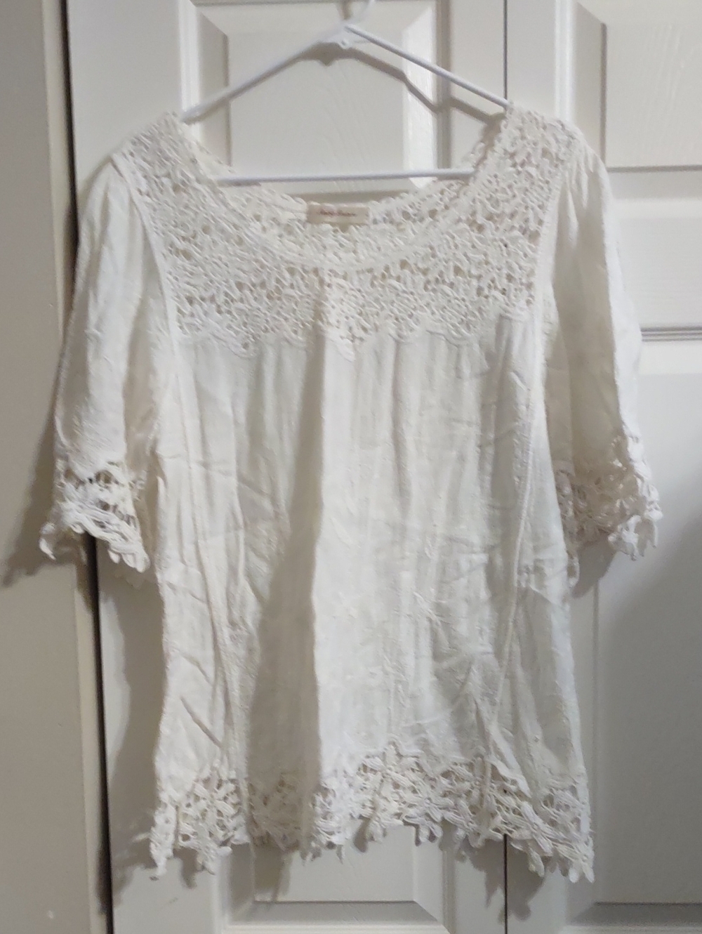 Simply Couture Cream Crochet Yoke Peasant Blouse